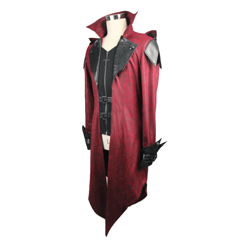 Gothic vintage long red men's coat with a hood, stylish PU leather design perfect for steampunk and medieval looks.