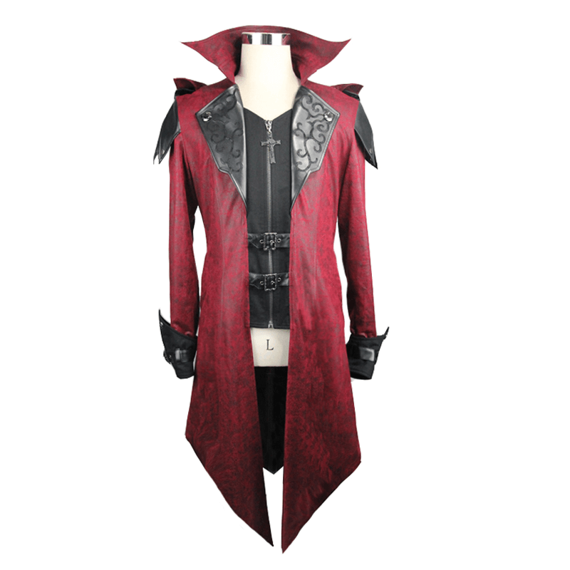Gothic vintage long red men's coat with a stylish hood and intricate design, perfect for a steampunk look.
