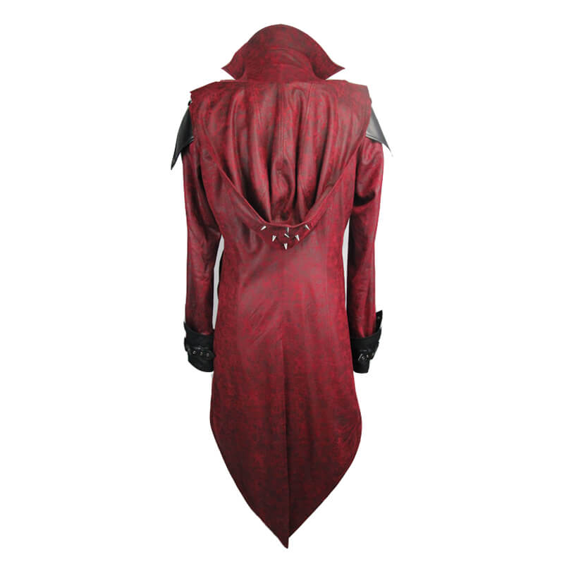 Back view of a gothic vintage long red men's coat with hood, featuring stylish design and quality PU leather.