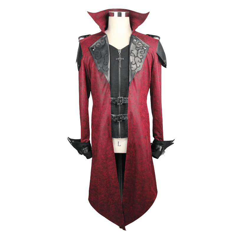 Gothic vintage long red men's coat with hood and ornate black detailing, perfect for steampunk or medieval styles.