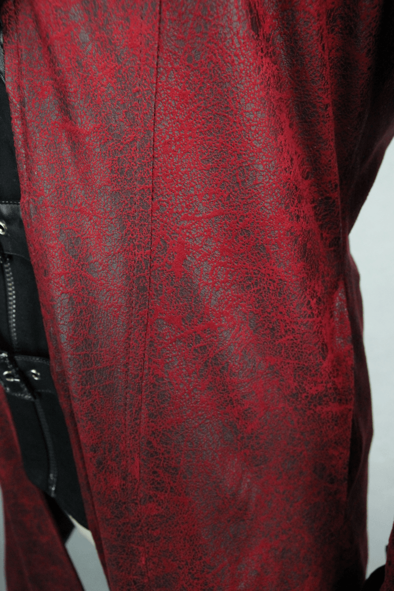 Close-up of luxurious PU leather in a gothic vintage men's red coat with intricate texture and stylish design.