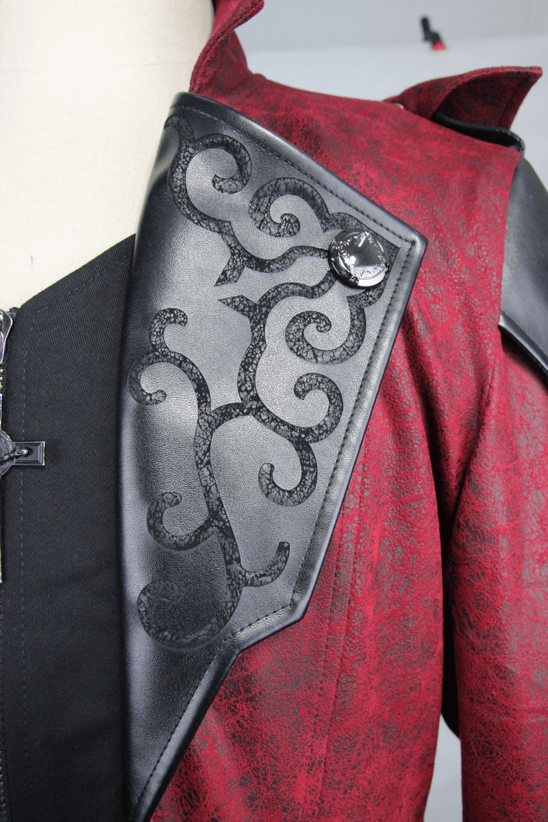 Close-up of Gothic vintage long red men's coat, showcasing intricate design and stylish hood.