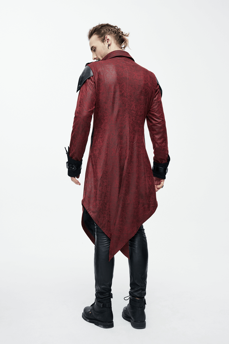 Men's Gothic Vintage Long Red Coat with Hood, stylish PU leather design, perfect for a medieval steampunk look.
