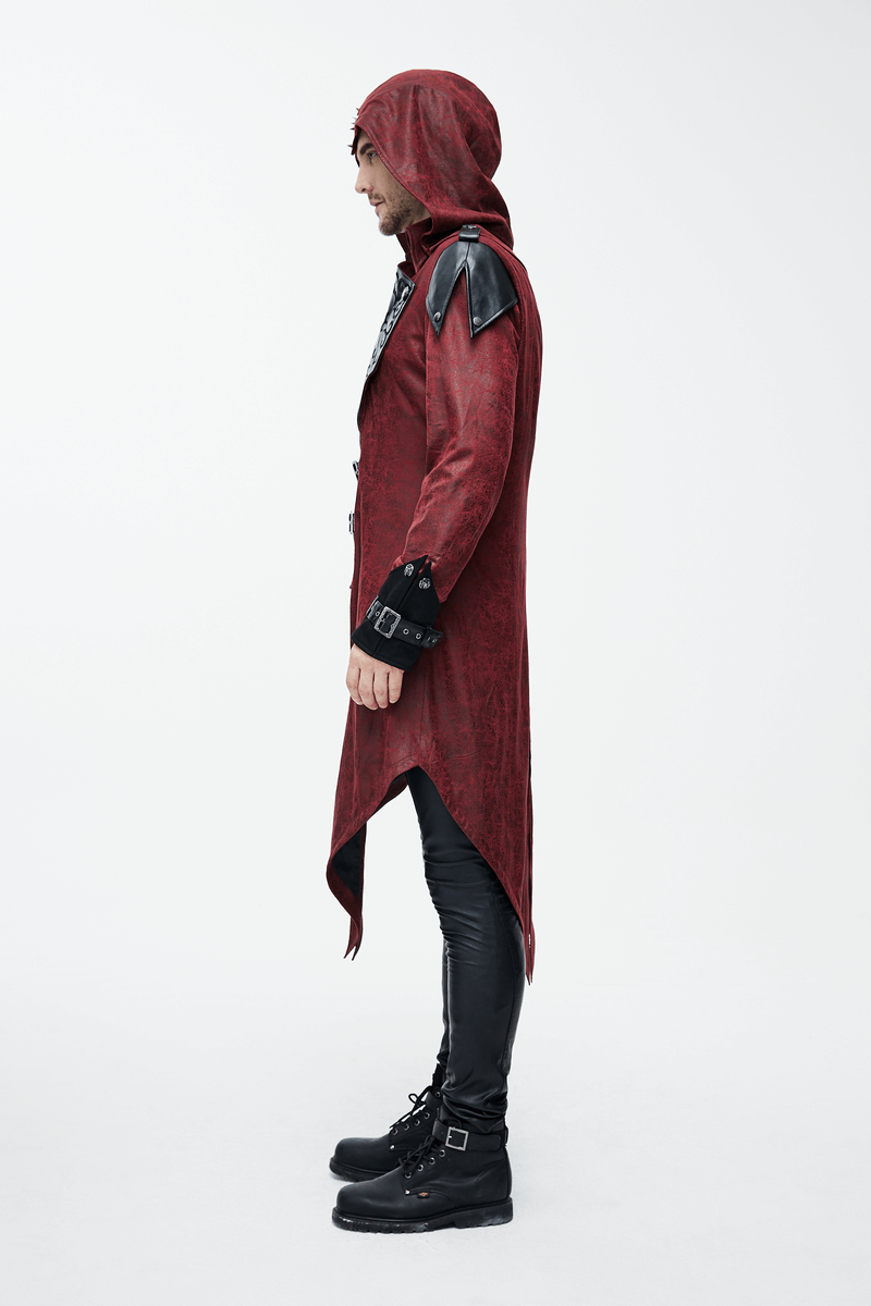 Men's gothic vintage long red coat with hood and stylish shoulder details, perfect for steampunk fashion.
