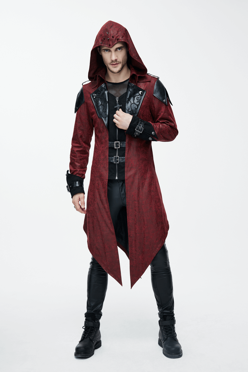 Gothic vintage long red men's coat with hood, stylish PU leather design, perfect for steampunk and medieval looks.