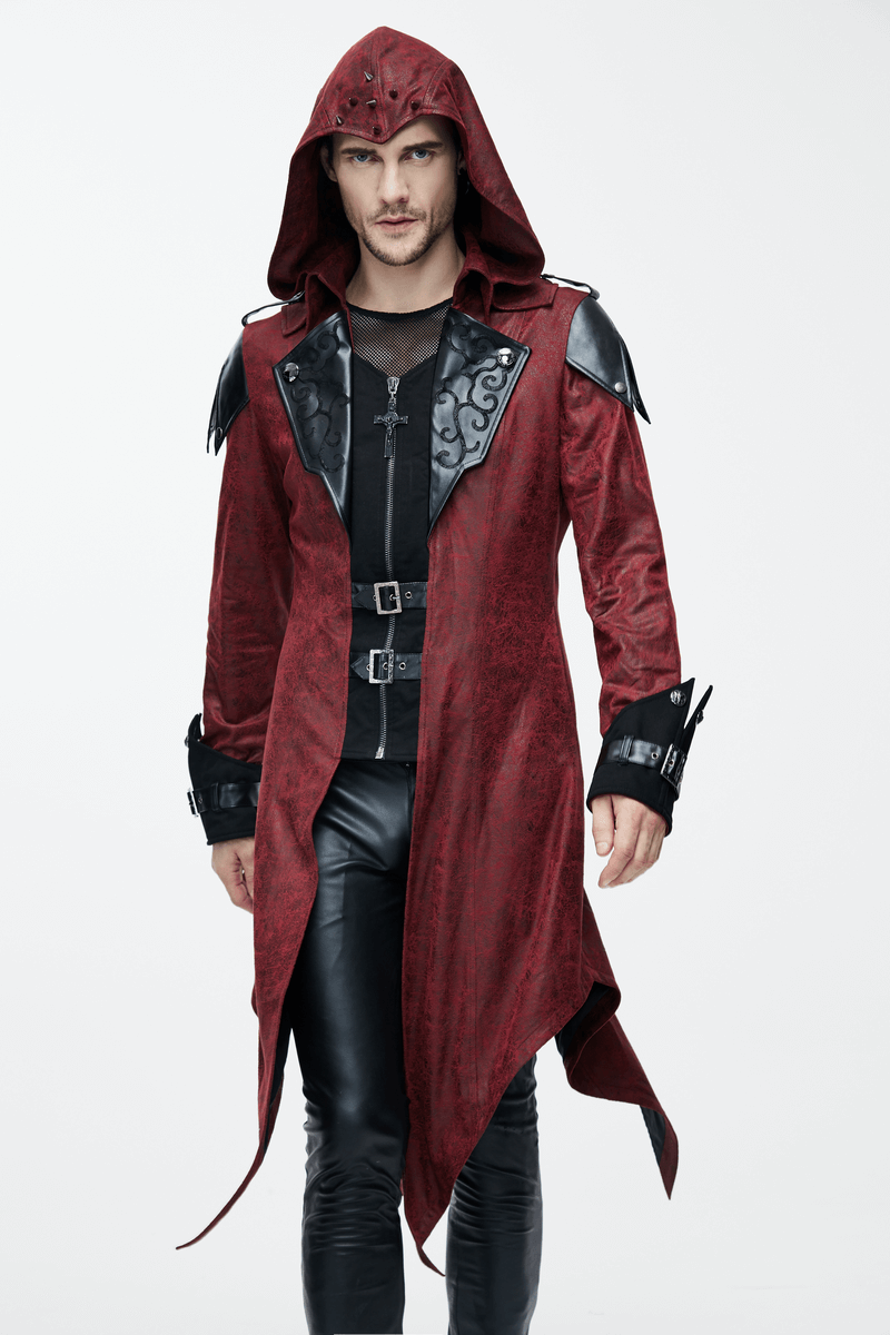 Stylish man in a gothic vintage long red coat with a hood and leather accents, perfect for steampunk fashion.