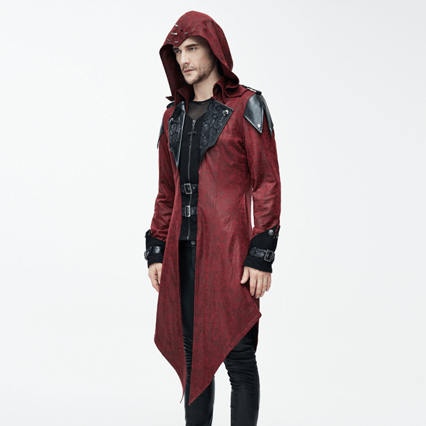 Men's gothic vintage long red coat with hood, stylish PU leather design, perfect for steampunk and medieval looks.
