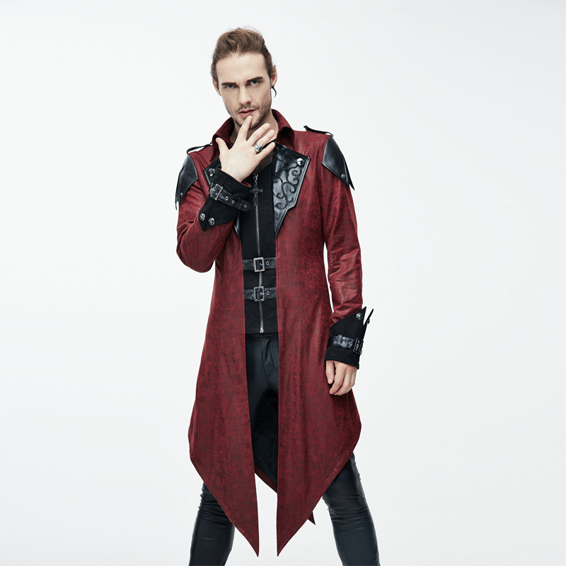 Stylish man in a gothic vintage long red coat with hood, showcasing steampunk medieval fashion.