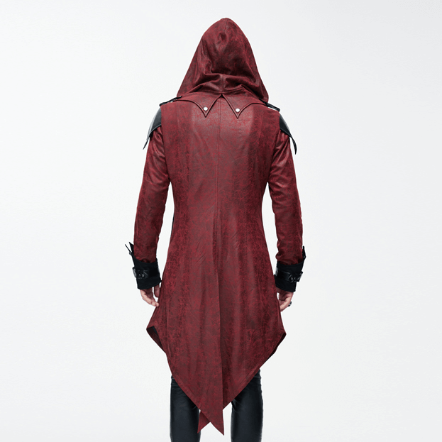 Men's gothic vintage long red coat with hood, stylish PU leather design, perfect for steampunk and medieval aesthetics.