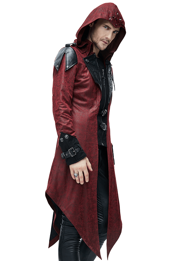 Stylish man wearing a Gothic vintage long red coat with a hood and leather accents, perfect for steampunk aesthetics.