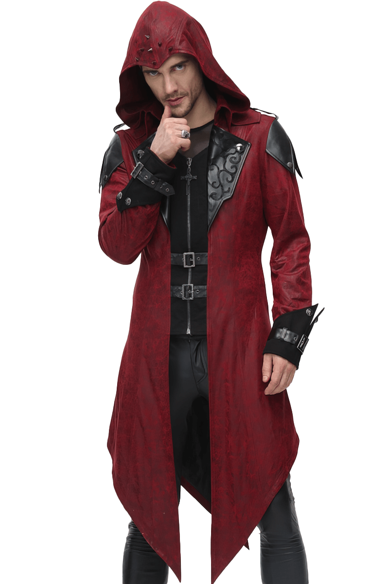 Gothic vintage long red men's coat with hood and stylish design made from PU leather.