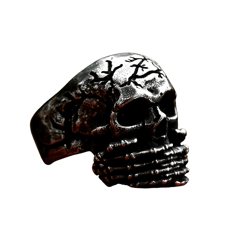 Gothic vintage skull finger ring for men, crafted in stainless steel with an antique finish, perfect for bikers and rebels.
