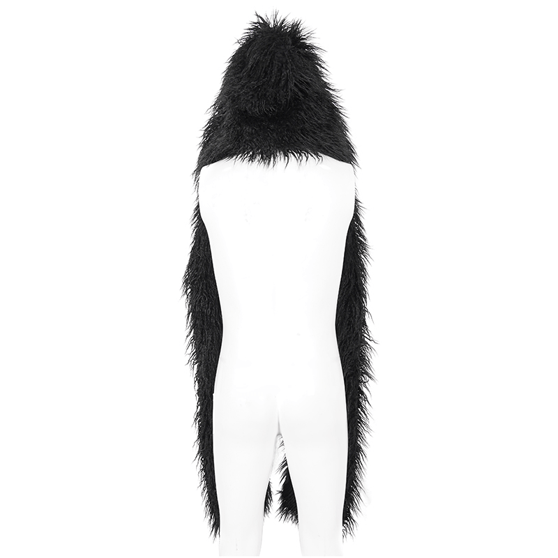 Back view of a gothic voluminous faux fur hat-scarf for men, showcasing dramatic elongated design in black.