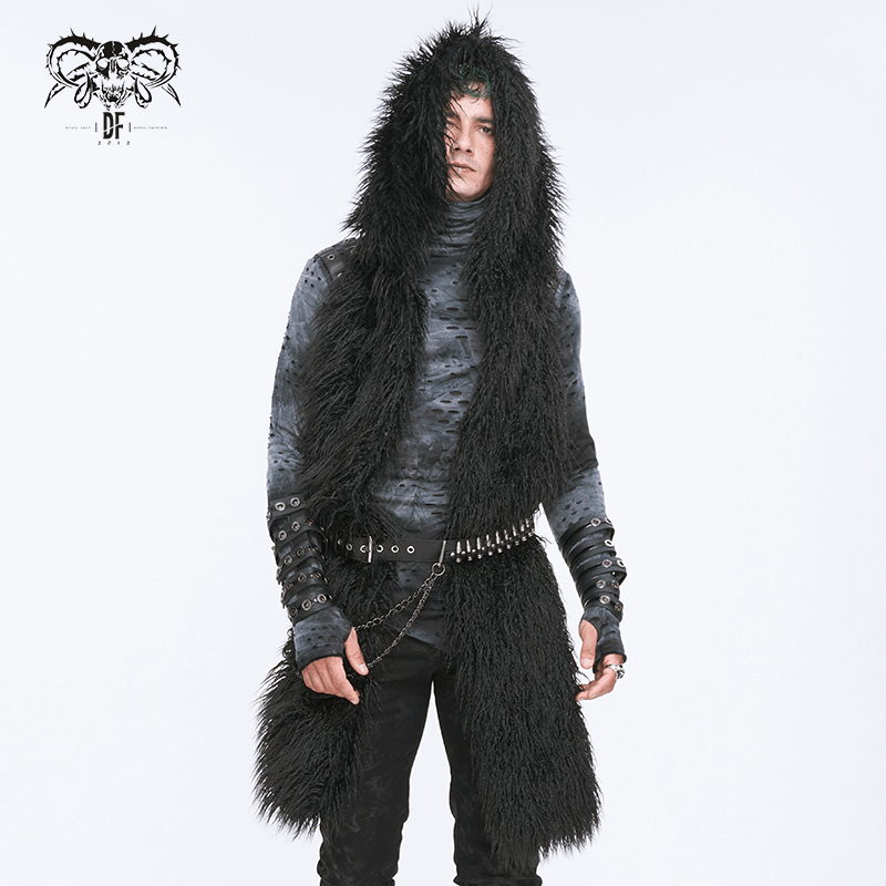 Gothic men's voluminous faux fur hat-scarf hybrid in black, showcasing alternative fashion with a dramatic long design.