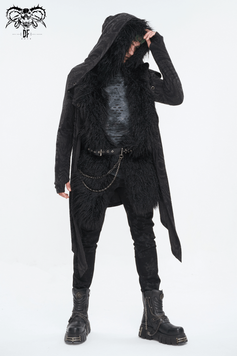 Gothic man in voluminous faux fur hat-scarf, showcasing alternative fashion with dramatic style and cozy warmth.
