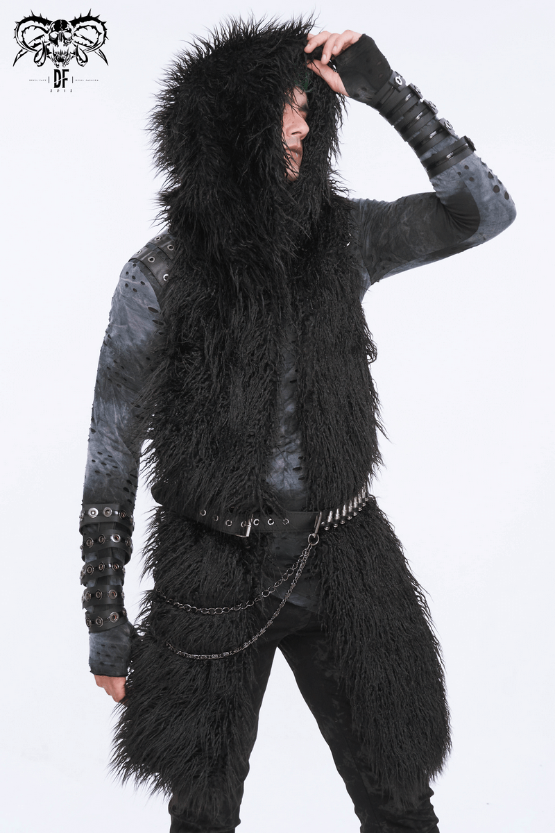 Men's gothic faux fur hat-scarf hybrid, showcasing alternative fashion with dramatic style and cozy warmth.
