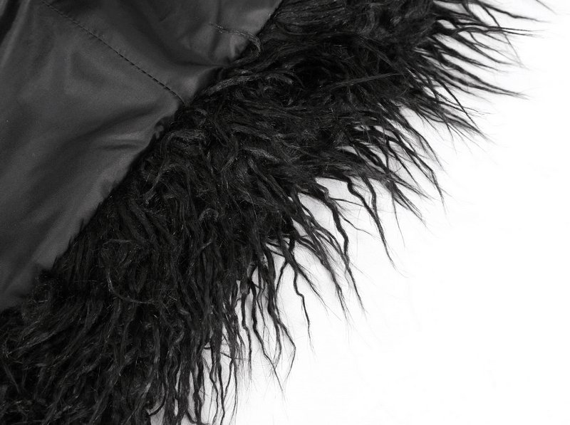 Close-up of voluminous black faux fur edge, showcasing alternative fashion for men in gothic style.