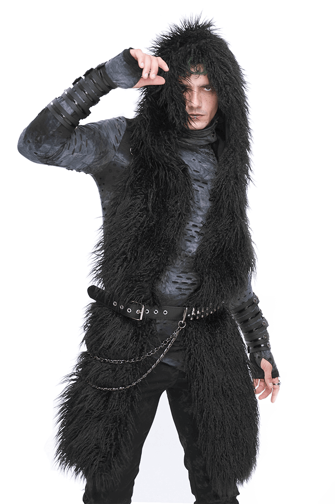 Gothic man in voluminous faux fur hat-scarf, showcasing alternative fashion with dark, dramatic style.