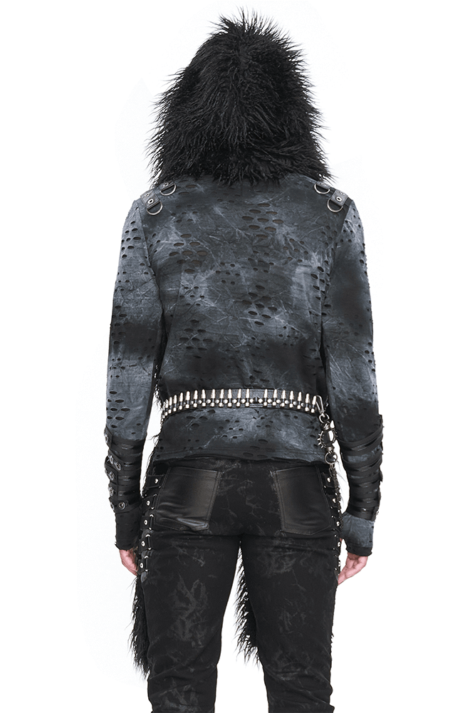 Back view of a gothic men's jacket with faux fur hood, studded belt, and intricate detailing.