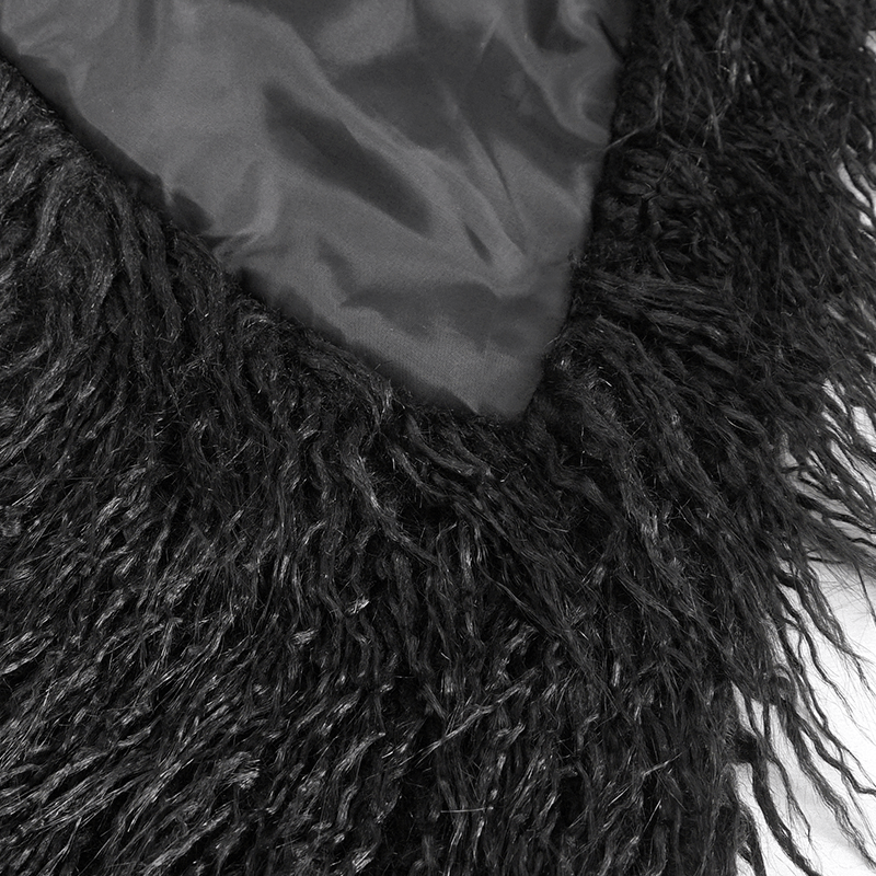 Close-up of gothic faux fur fabric detailing on hat-scarf for men, showcasing voluminous texture and alternative style.