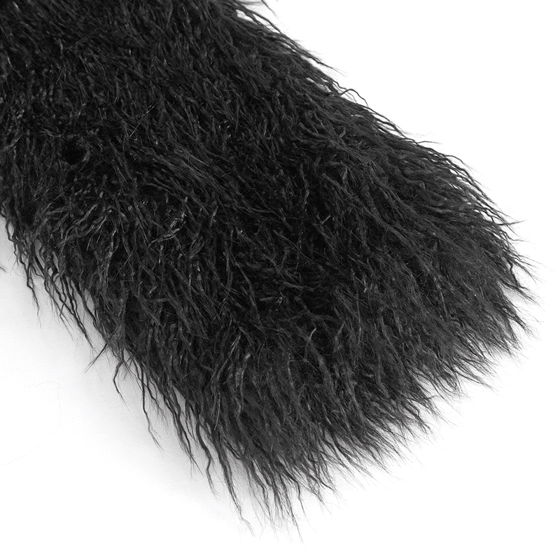 Close-up of voluminous black faux fur, showcasing the dramatic texture for a gothic hat-scarf accessory.