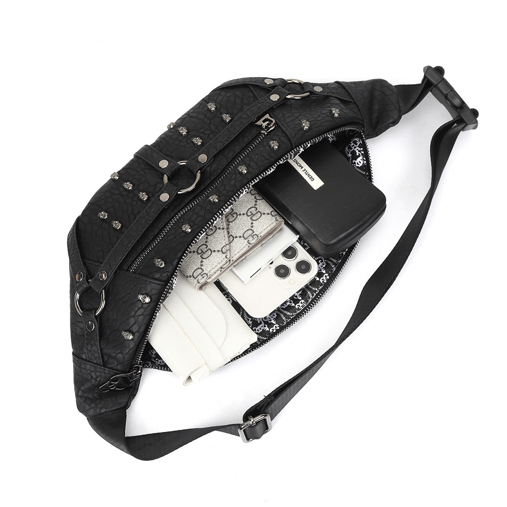 Gothic Waist Bag With Metal Skulls / Fashion Small Bag With Adjustable Strap - HARD'N'HEAVY