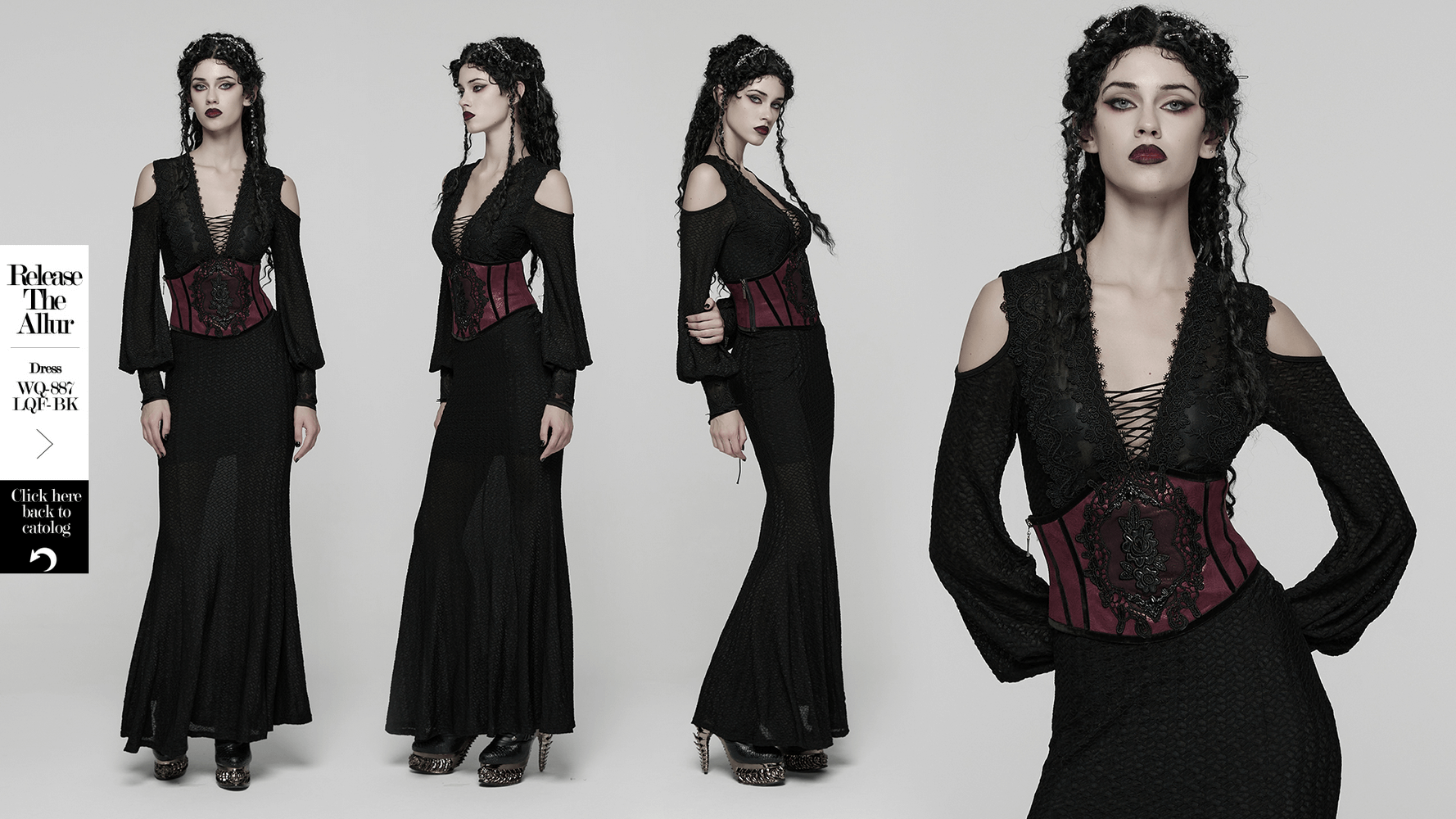 Gothic Waist Corset Belt with Lace Applique Detail worn by model in elegant black outfit, showcasing stylish design and intricate lace.