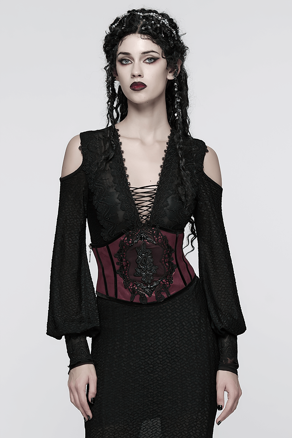 Model showcasing Gothic Waist Corset Belt with Lace Applique Detail, exuding a dark, elegant aesthetic.
