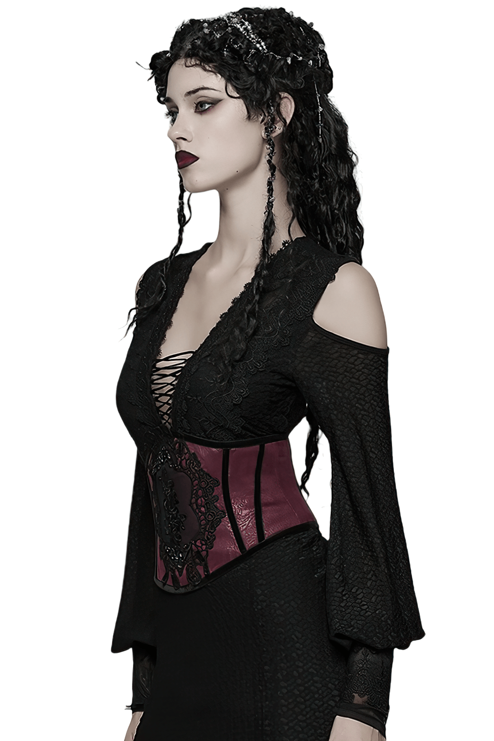 Gothic Waist Corset Belt with Lace Applique Detail worn by a model in a dark, elegant outfit.
