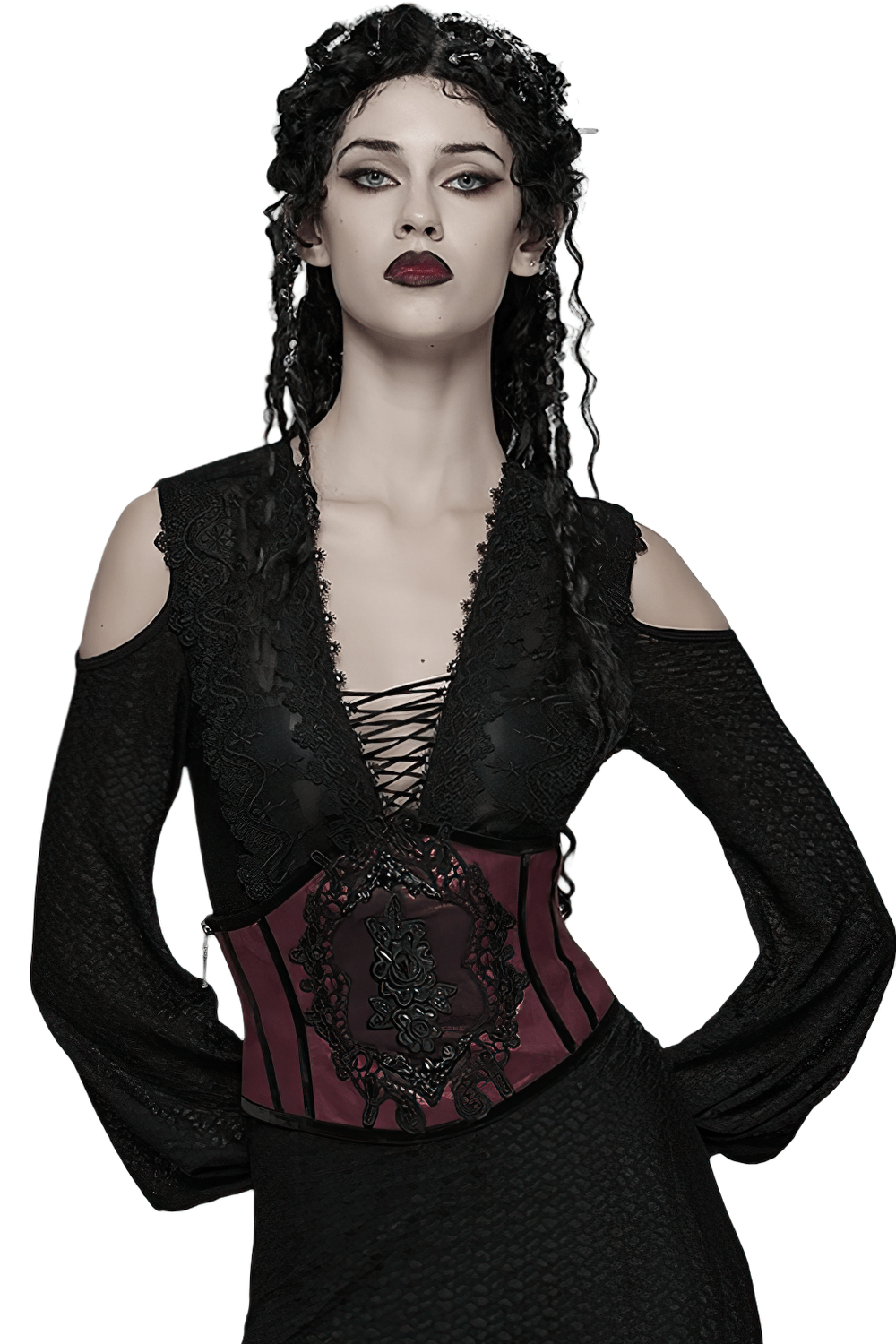 Model showcasing Gothic Waist Corset Belt with Lace Applique Detail in a stylish outfit.