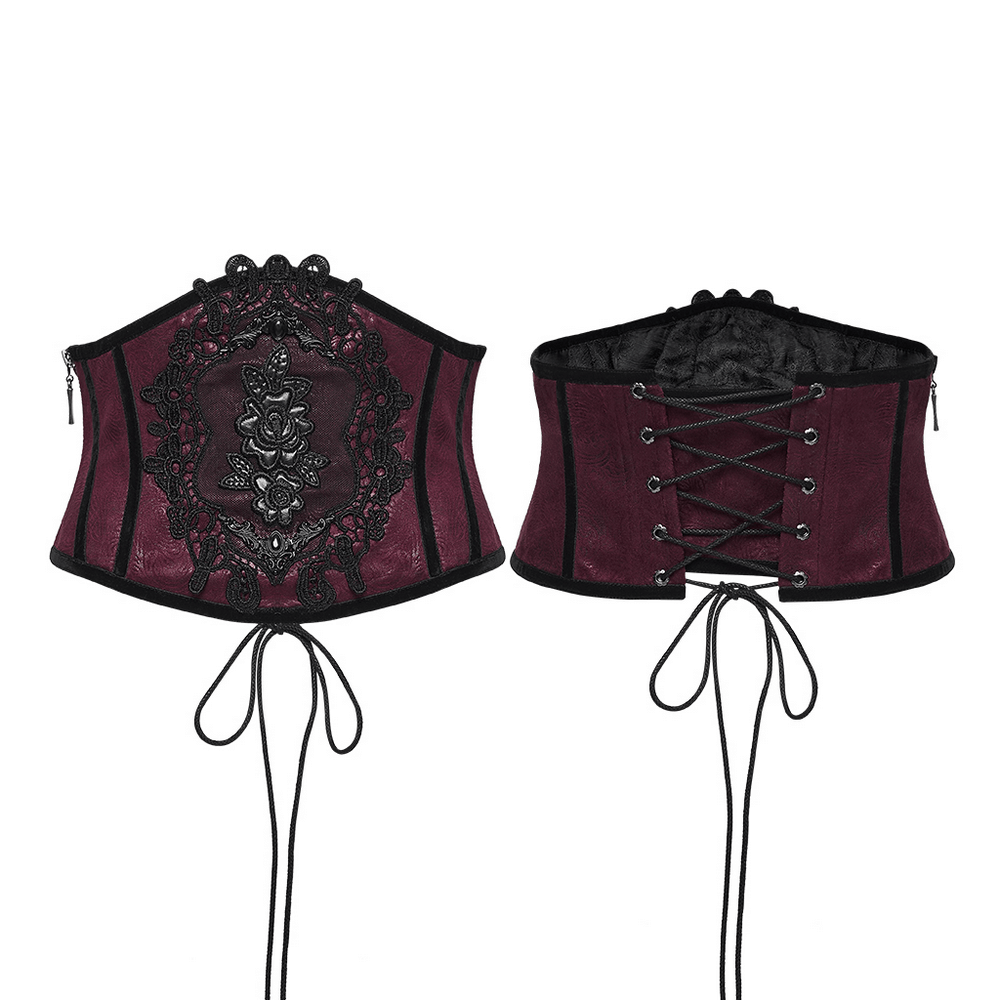 Gothic Waist Corset Belt with Lace Applique Detail showcasing a dark burgundy design and intricate lace details.