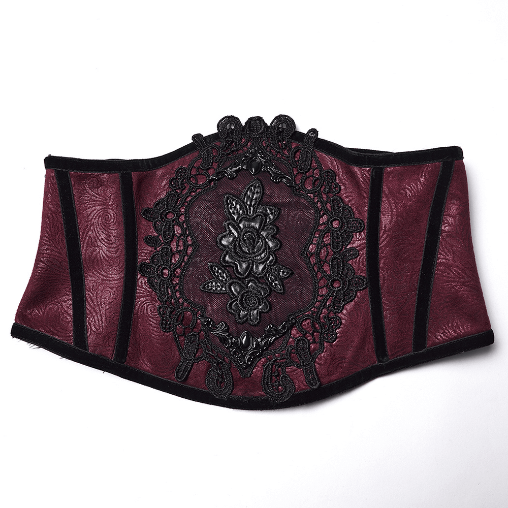 Gothic Waist Corset Belt with Lace Applique Detail in rich burgundy fabric featuring intricate lace designs.