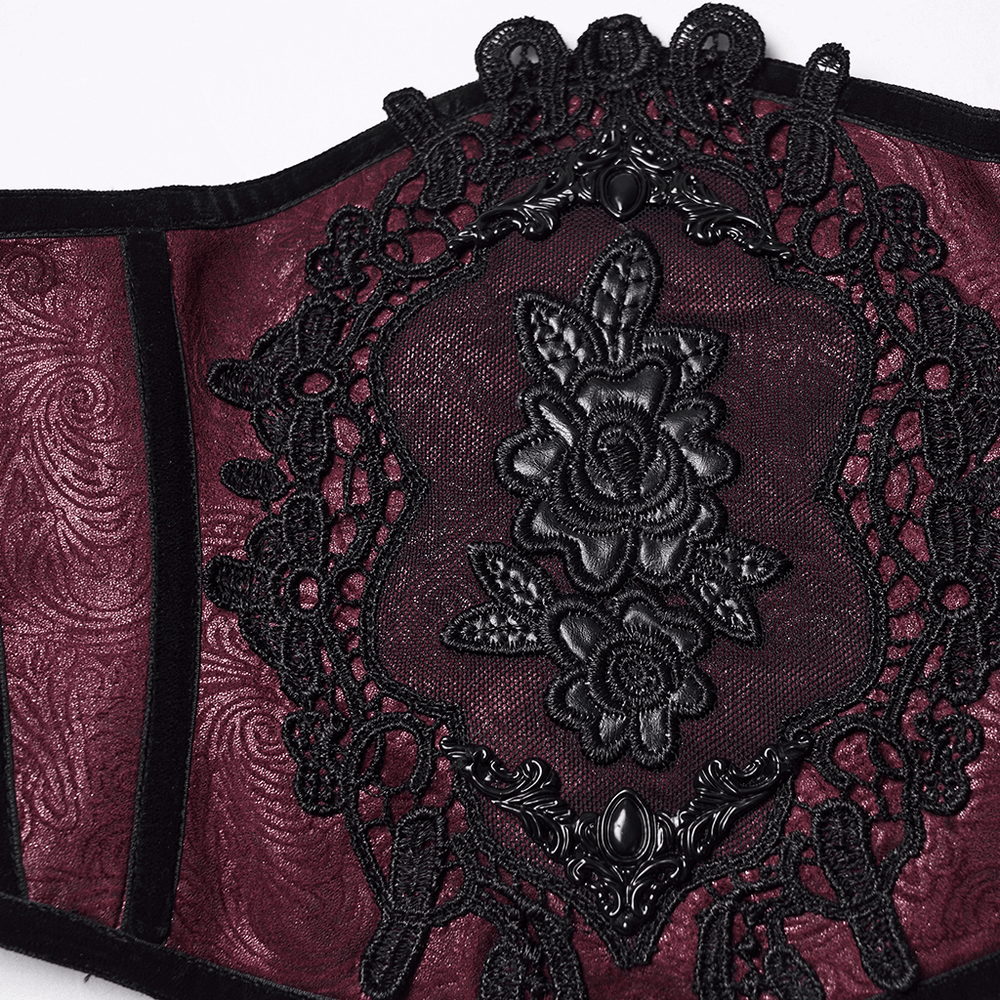 Gothic Waist Corset Belt with Lace Applique Detail showcasing intricate lace design and dark floral motifs.