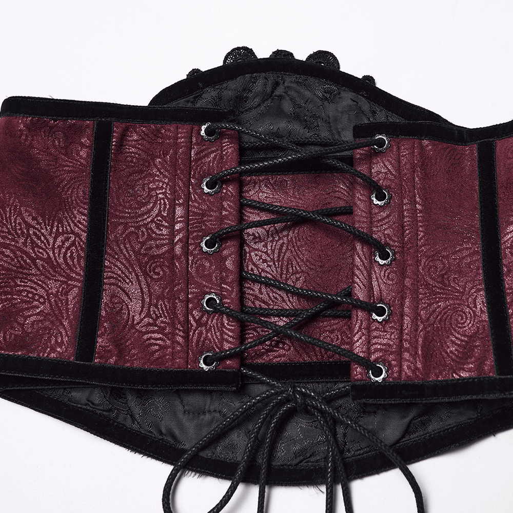 Gothic Waist Corset Belt with Lace Applique Detail featuring intricate lace and rich burgundy fabric.