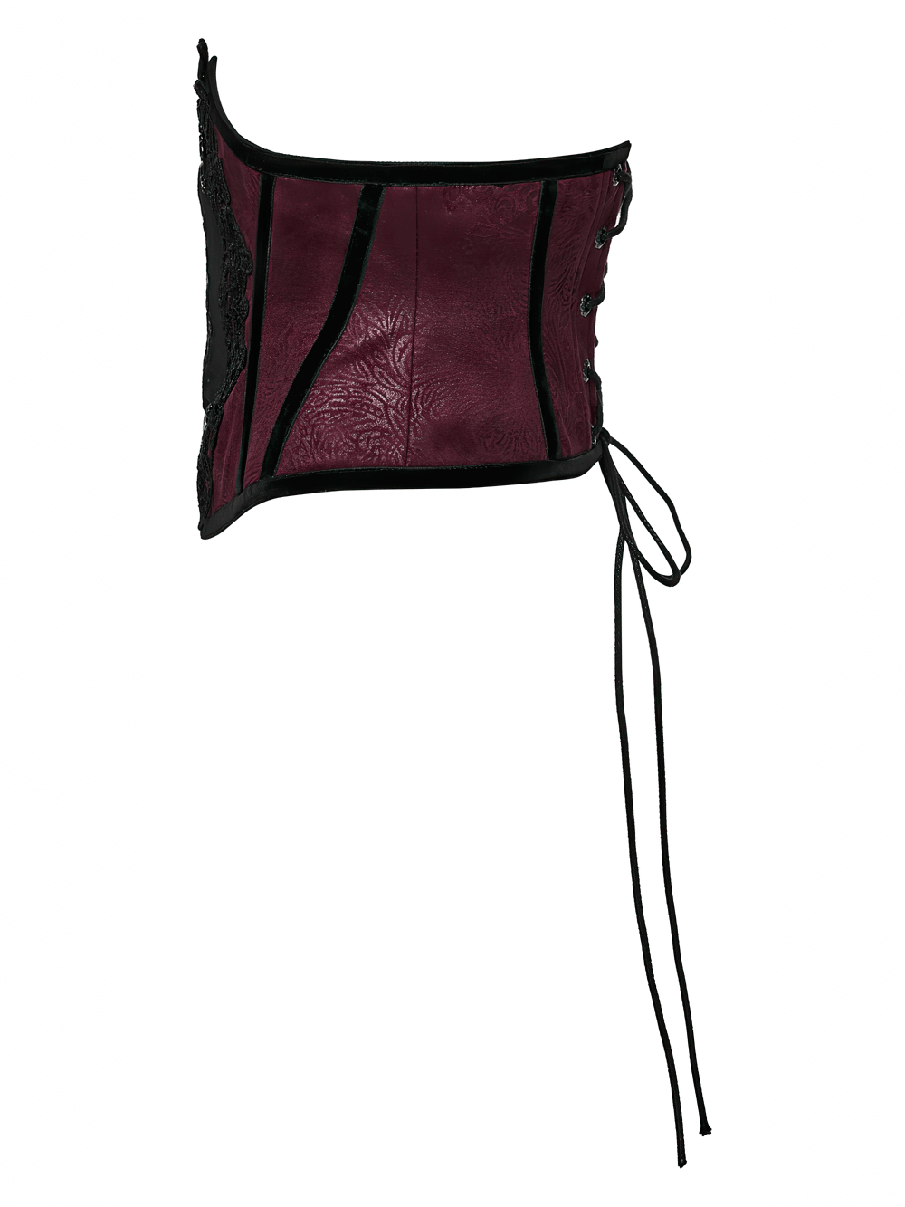 Gothic Waist Corset Belt with Lace Applique Detail in rich burgundy color and intricate lace design.
