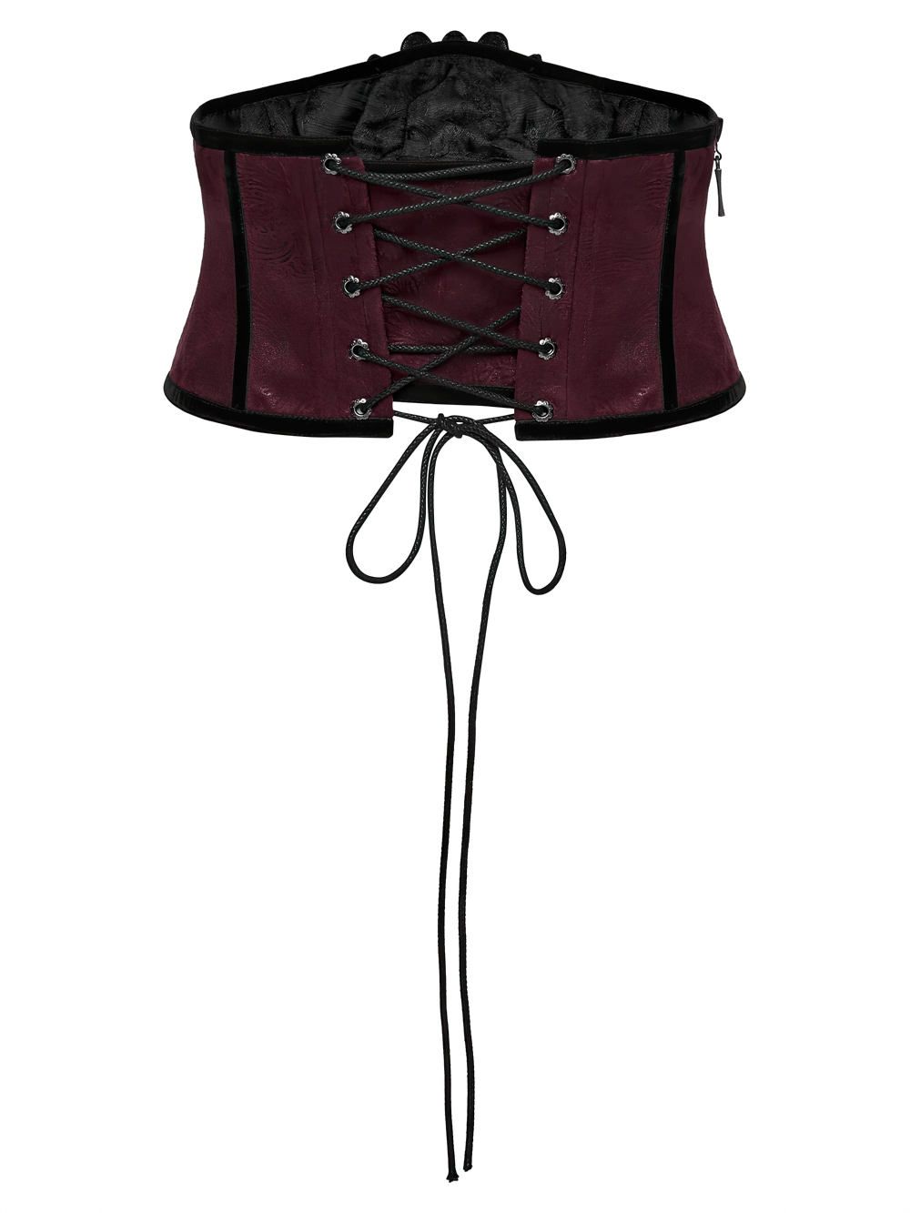 Gothic Waist Corset Belt with Lace Applique Detail in deep burgundy leather with lace-up design.
