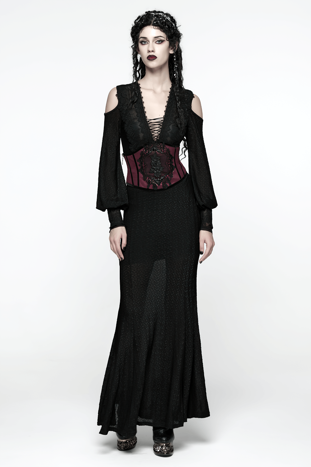 Gothic Waist Corset Belt with Lace Applique Detail worn by model in dramatic black gown, showcasing intricate design.