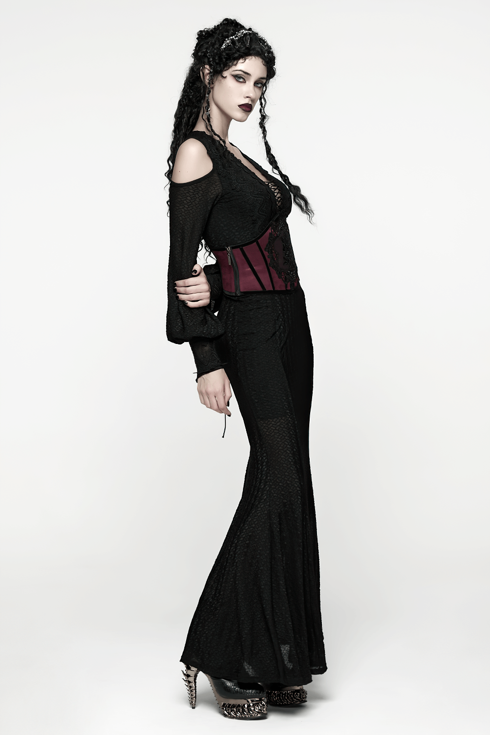 Gothic Waist Corset Belt with Lace Applique Detail worn by a model showcasing dark fashion style.