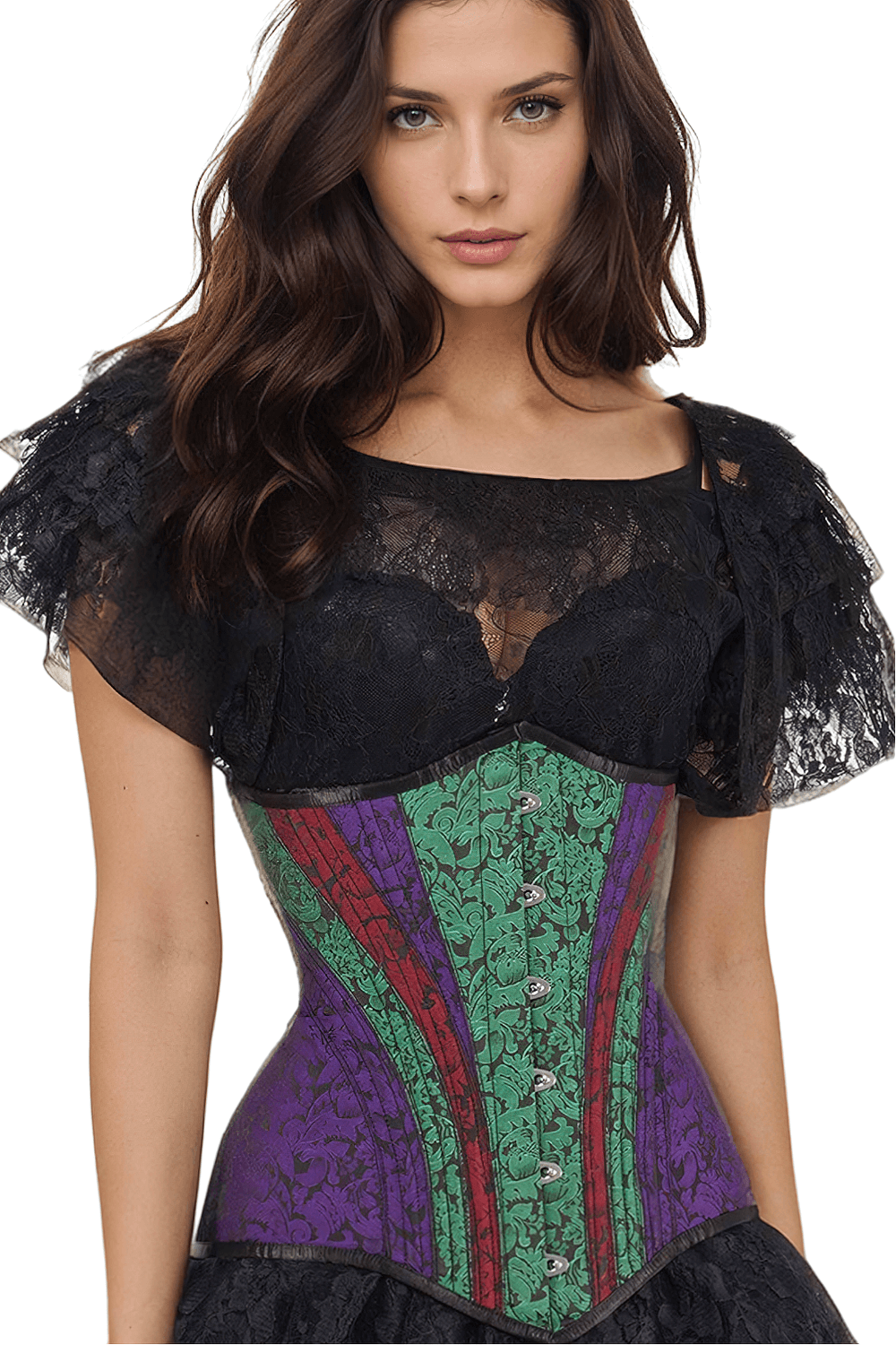 Gothic waist trainer corset with steel boning, vibrant colors, and intricate brocade patterns for a sculpted look.