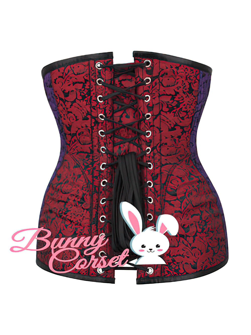 Gothic waist trainer corset with steel boning, lacing, and brocade patterns in bold colors.