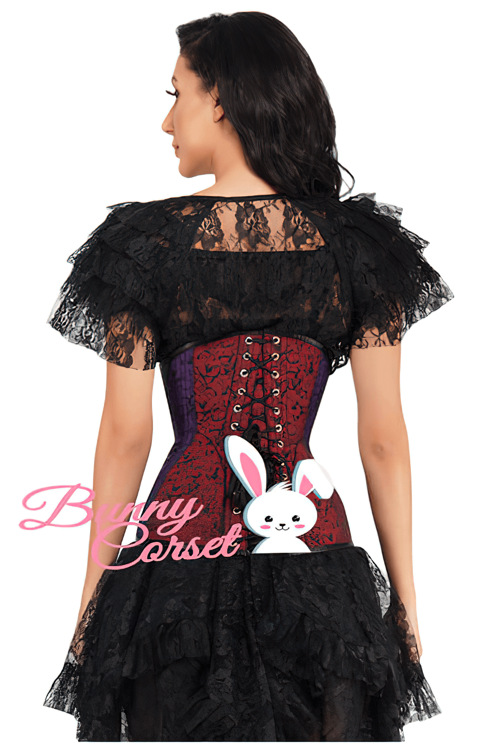 Back view of a Gothic waist trainer corset with steel boning, featuring intricate patterns and lacing, paired with a lace dress.