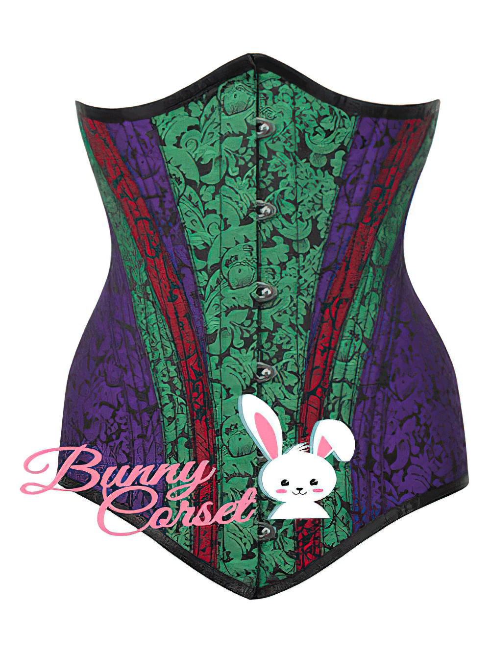 Gothic Waist Trainer Corset with Steel Boning, purple and green brocade, perfect for bold fashion.