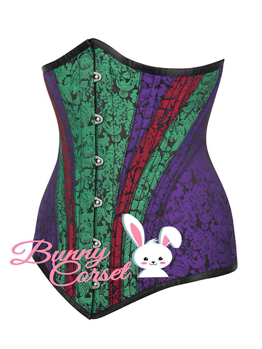 Gothic waist trainer corset in vibrant colors with steel boning, lacing, and intricate brocade patterns.