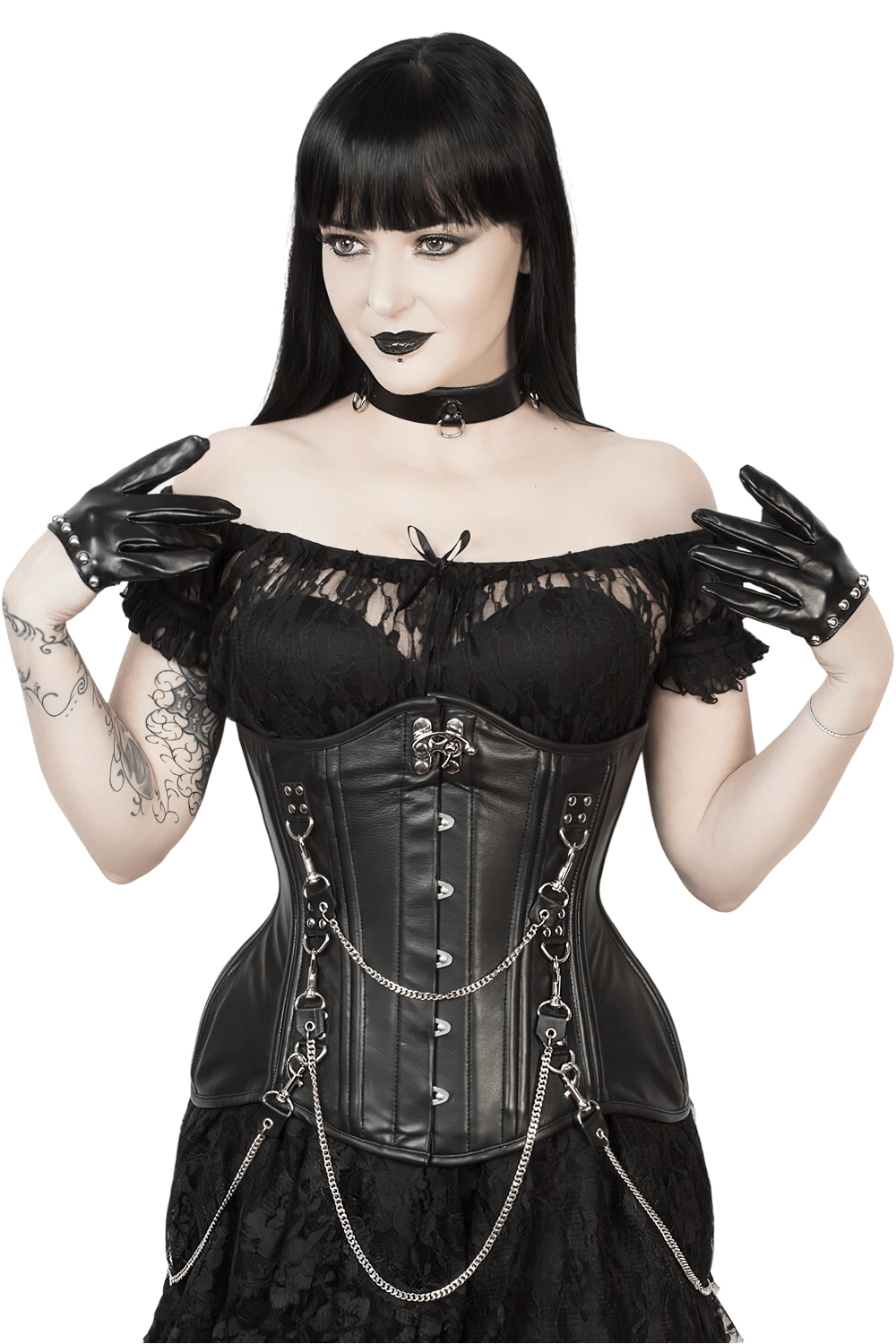 Model wearing a gothic waist training corset with chains and steel boning, showcasing a striking hourglass silhouette.