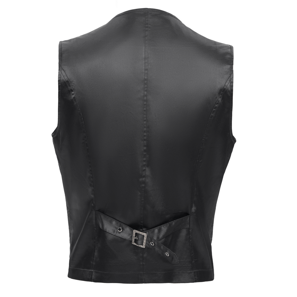 Back view of a Gothic waistcoat with decorative buckle detailing and sleek black fabric, perfect for stylish layering.