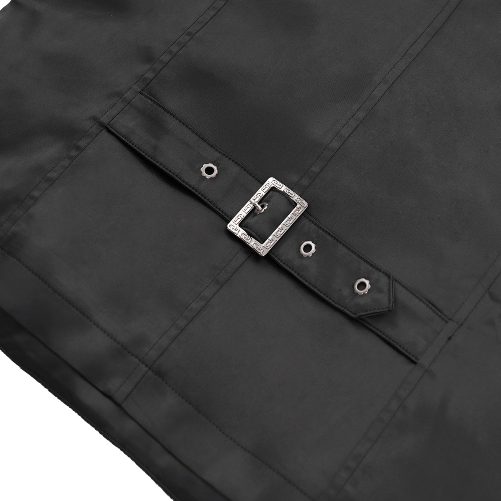 Elegant black waistcoat detail featuring a stylish buckle and eyelets for a gothic touch in fashion.