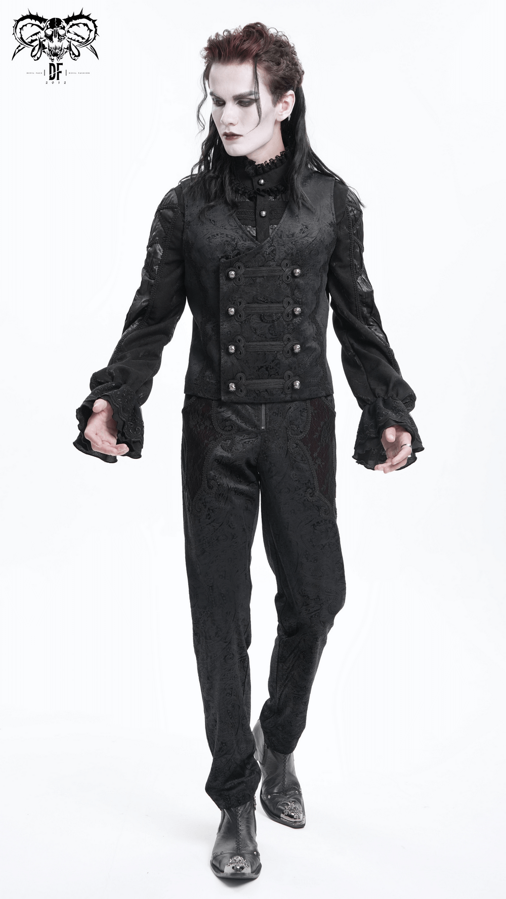 Elegant Gothic waistcoat with decorative buttons, paired with stylish black trousers, perfect for unique fashion statements.