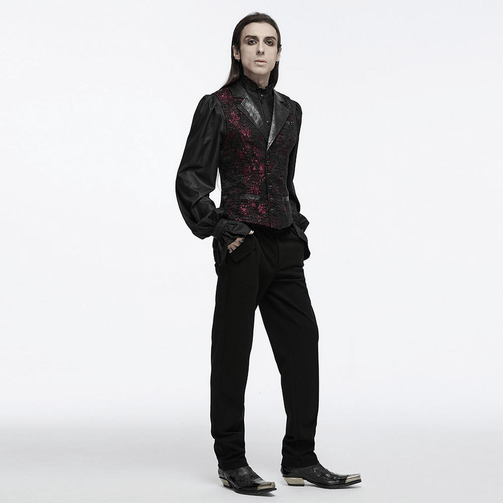 Gothic waistcoat with skull accents, featuring a gemstone buckle and elegant collar, worn with stylish black pants.