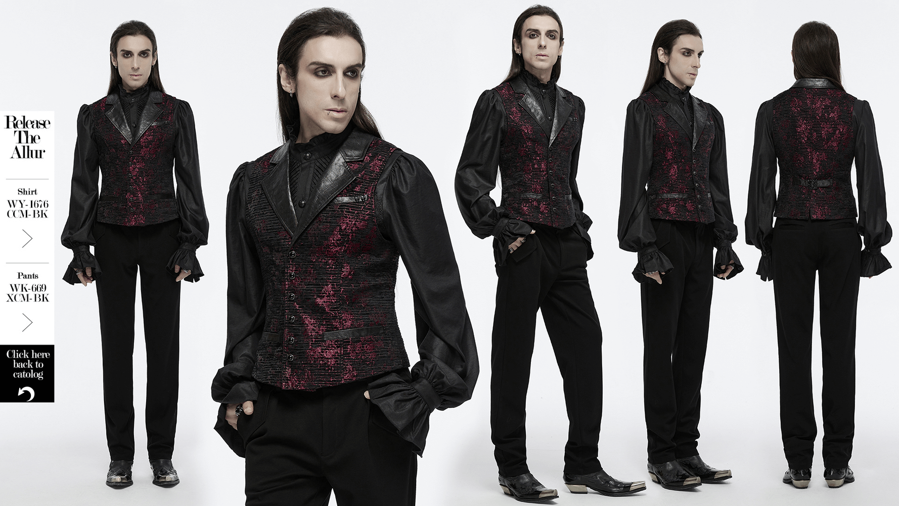 Gothic waistcoat with skull accents, gemstone buckle, and leather details, styled elegantly on model.