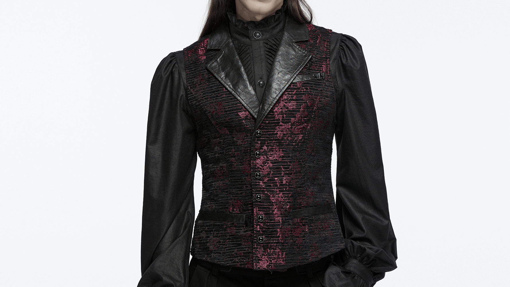 Gothic waistcoat with skull accents, leather details, and gemstone buckle, showcasing a sophisticated gothic style.